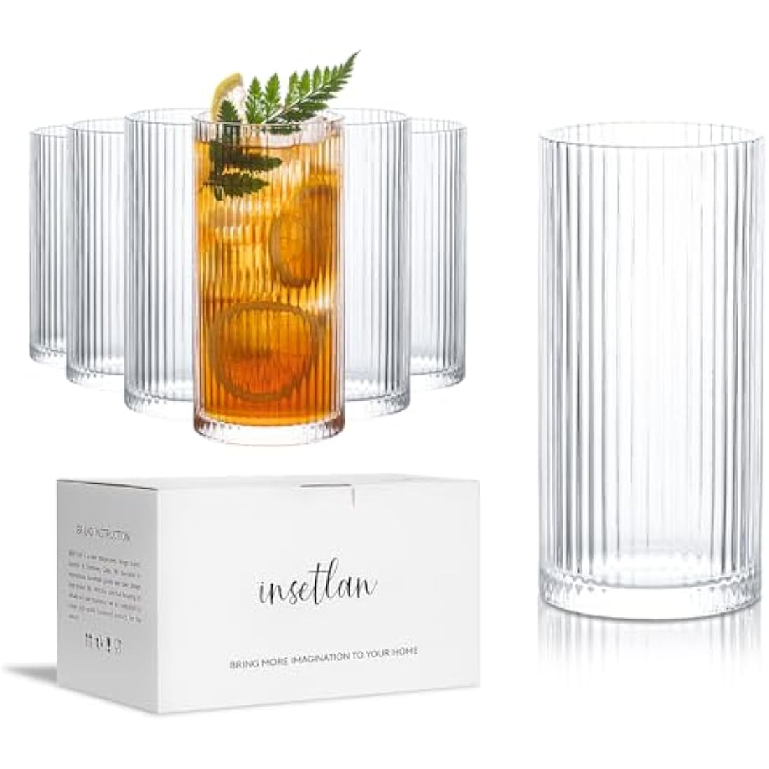 INSETLAN Ribbed Drinking Glasses - 6pc Origami Highball Glass Set