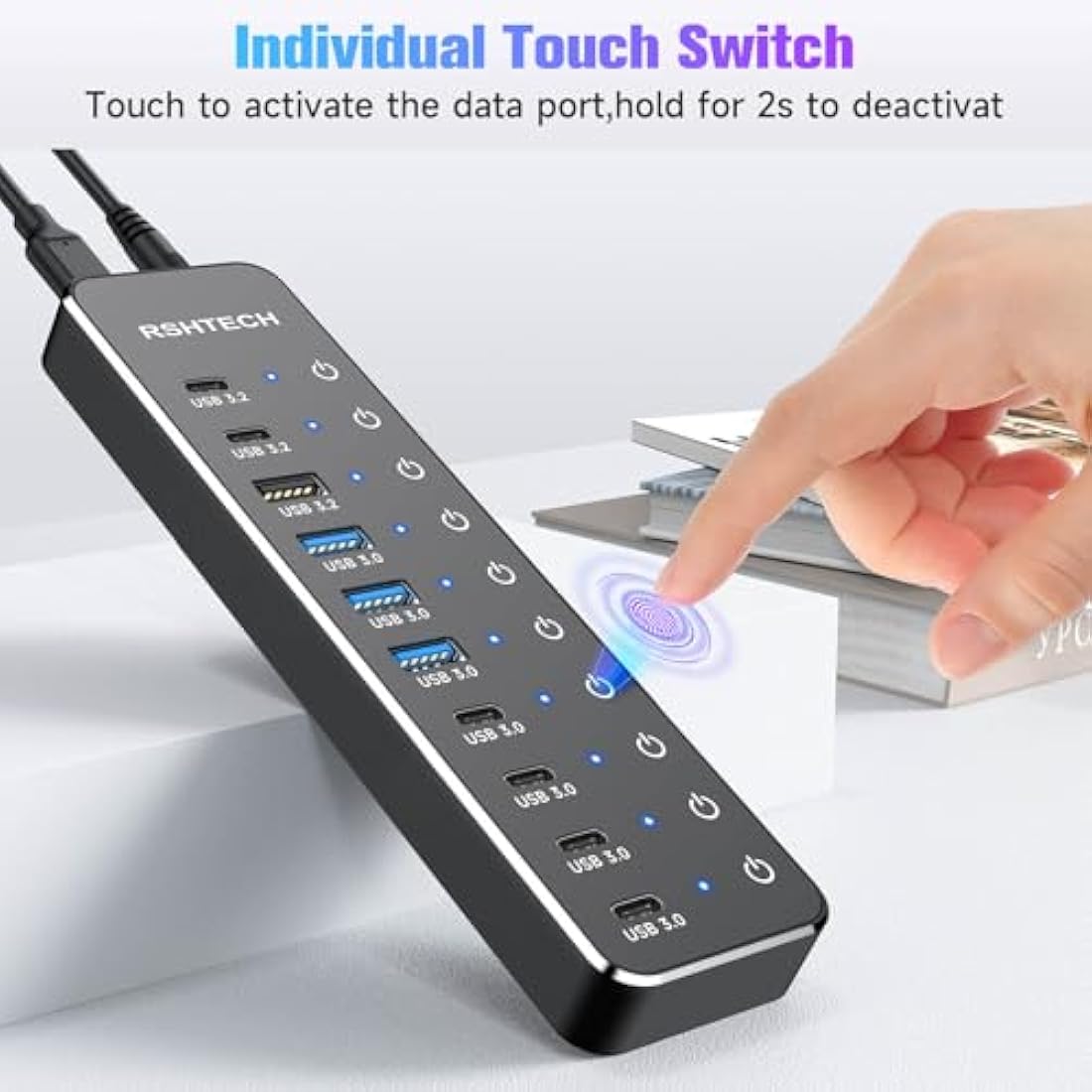 RSHTECH 10-Port Powered USB C Hub | 60W Adapter | 10Gbps USB 3.2 Gen2