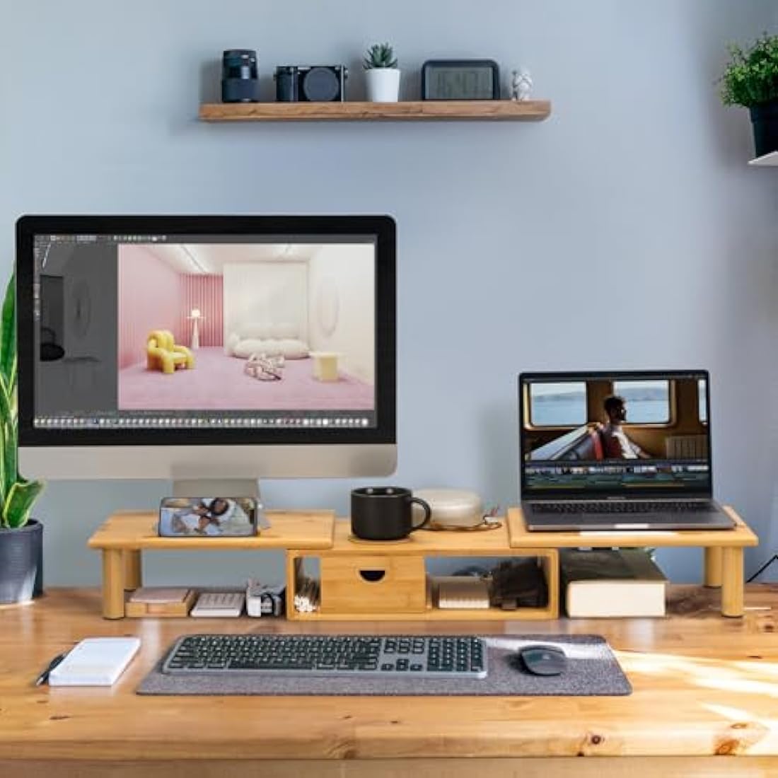 ROCDEER Bamboo Dual Monitor Stand Riser | Adjustable Desk Shelf