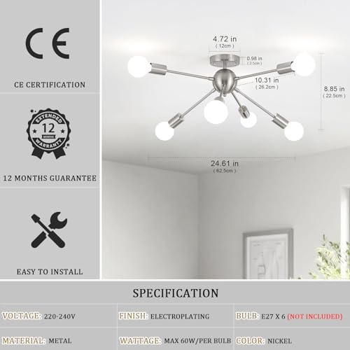 ASHUAQI Sputnik Ceiling Light – 6-Light Mid-Century Modern Chrome Chandelier