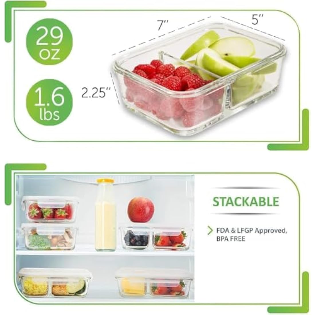 Jolof Store 2-Compartment Glass Meal Prep Containers - 5-Pack, 850ml
