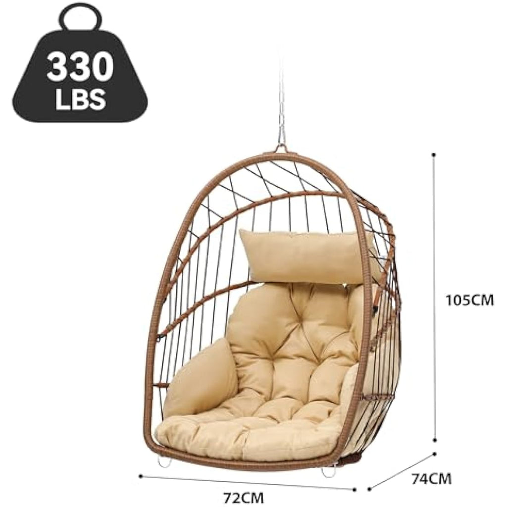 YITAHOME Rattan Hanging Egg Chair – Outdoor Swing with Beige Cushions