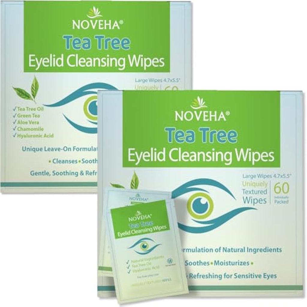 NOVEHA Tea Tree Oil Eyelid Wipes – 2PK Cleanser for Blepharitis