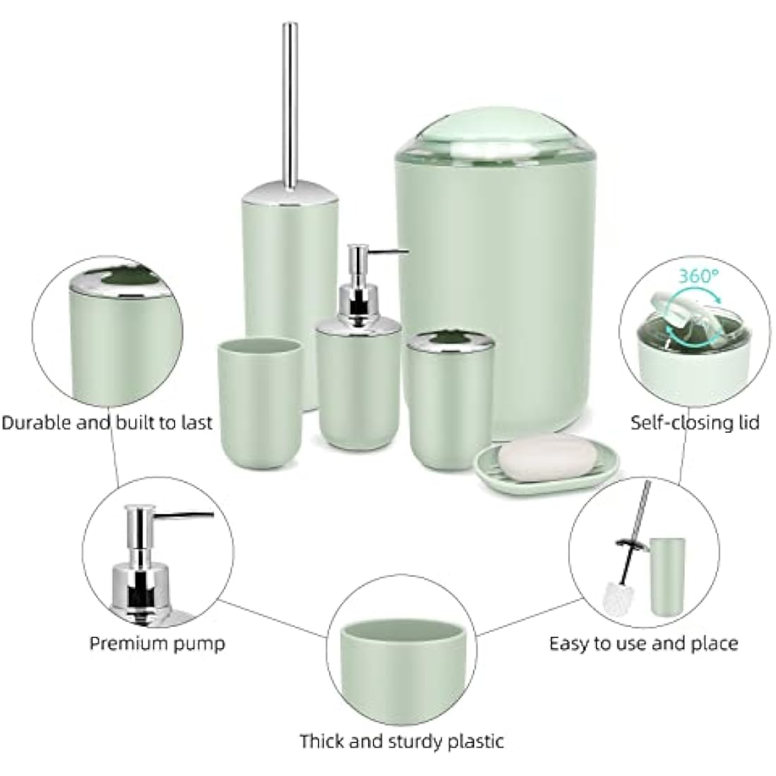 IMAVO 6-Piece Green Bathroom Accessory Set with Trash Can | Jolof Store