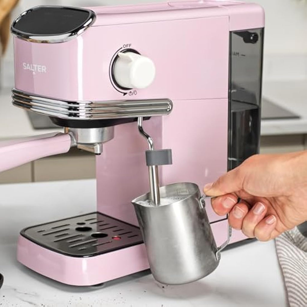 Salter Retro Espresso Machine – 20-Bar Pink Coffee Maker with Milk Frother