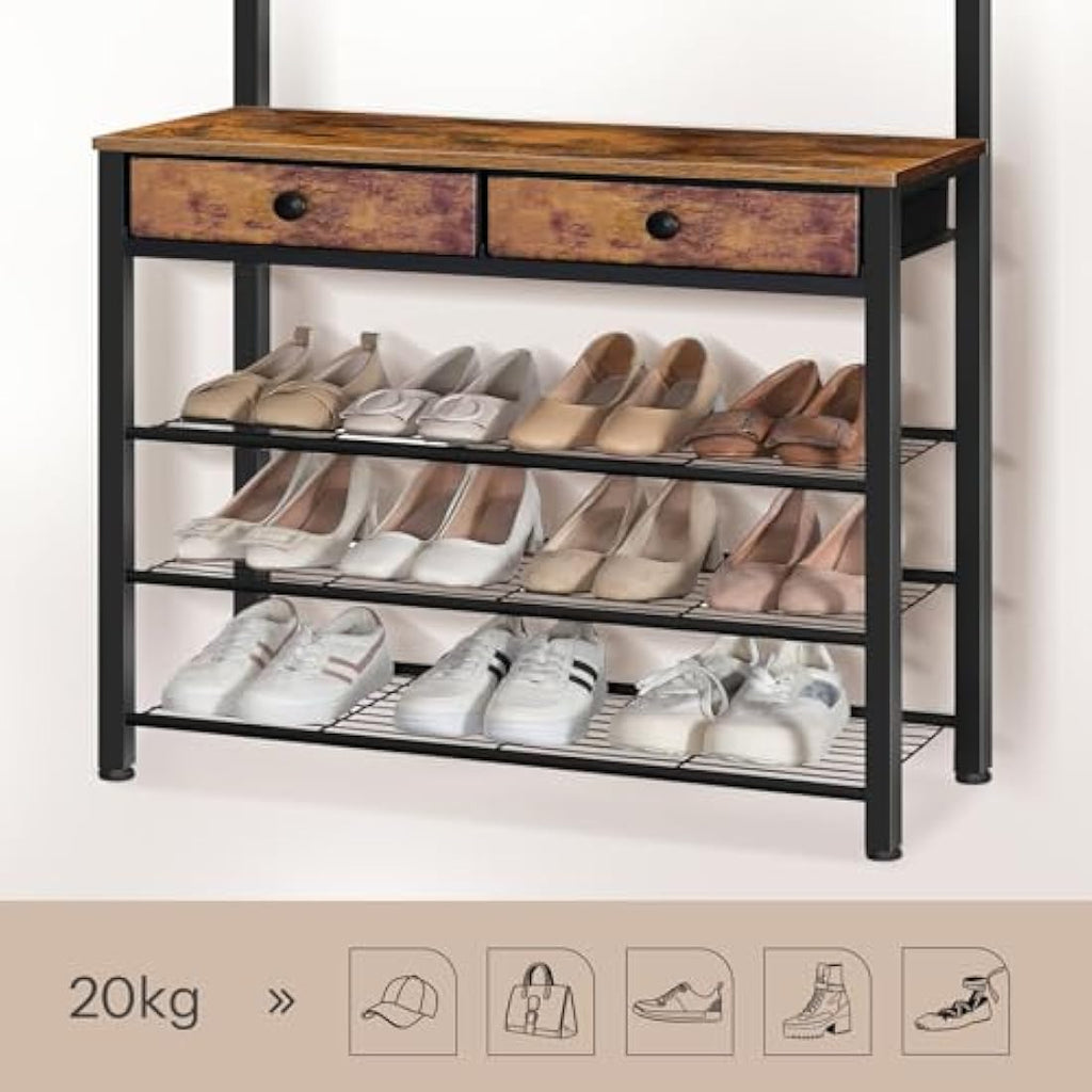 HOOBRO Hall Tree with Shoe Storage | 9 Hooks and 2 Drawers – Rustic Brown