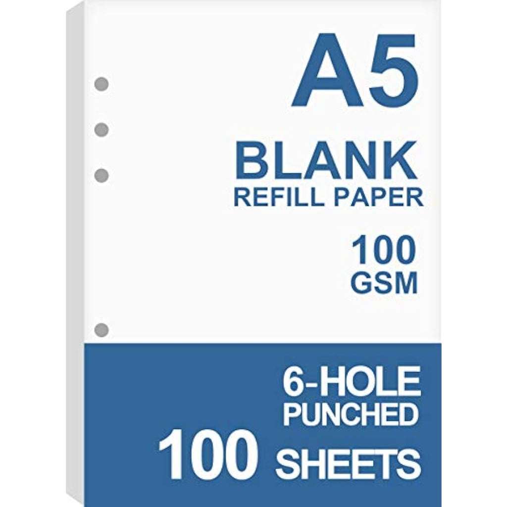 Nokingo A5 Blank Refill Paper | 6-Hole Loose Leaf 100gsm White, 100 Sheets