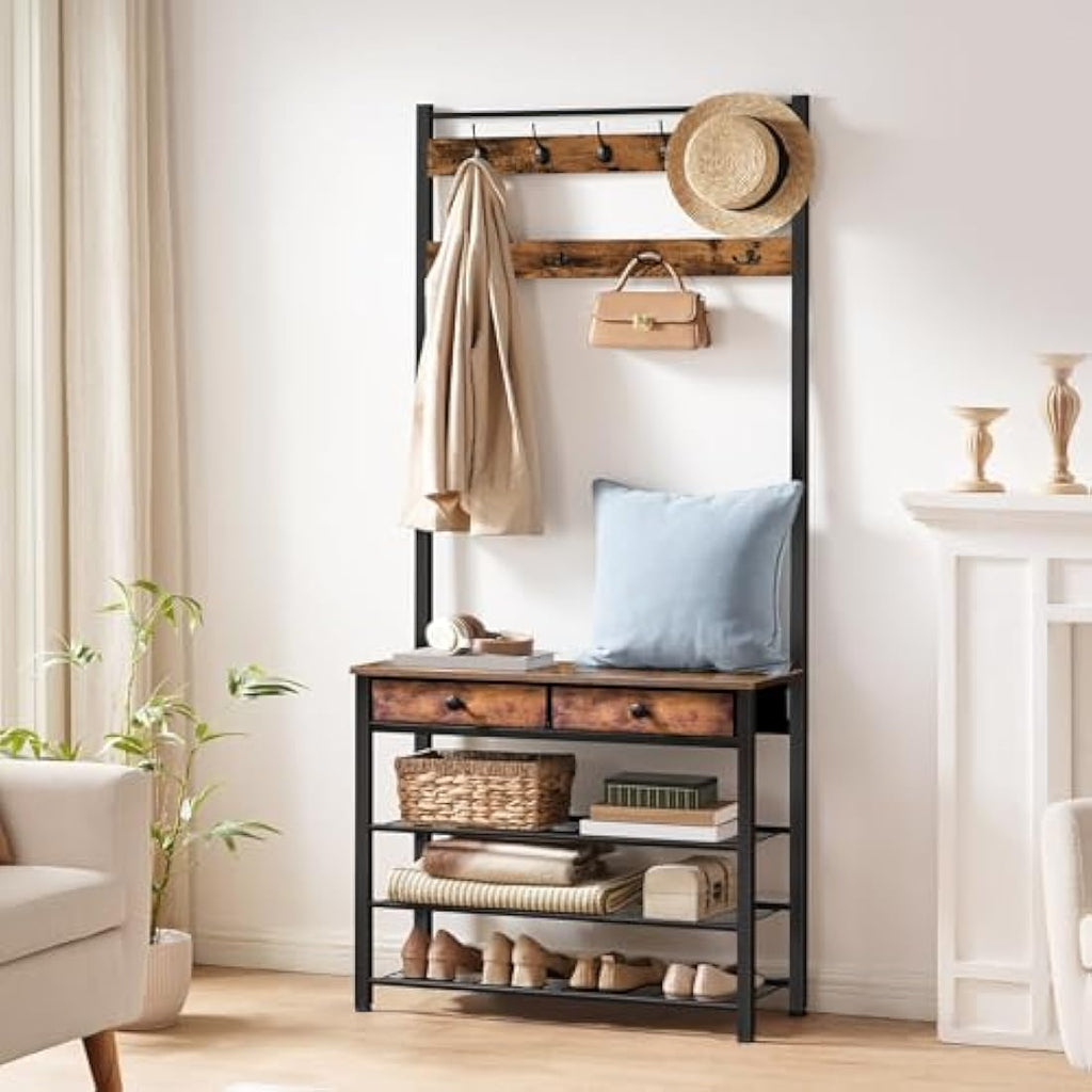 HOOBRO Hall Tree with Shoe Storage | 9 Hooks and 2 Drawers – Rustic Brown
