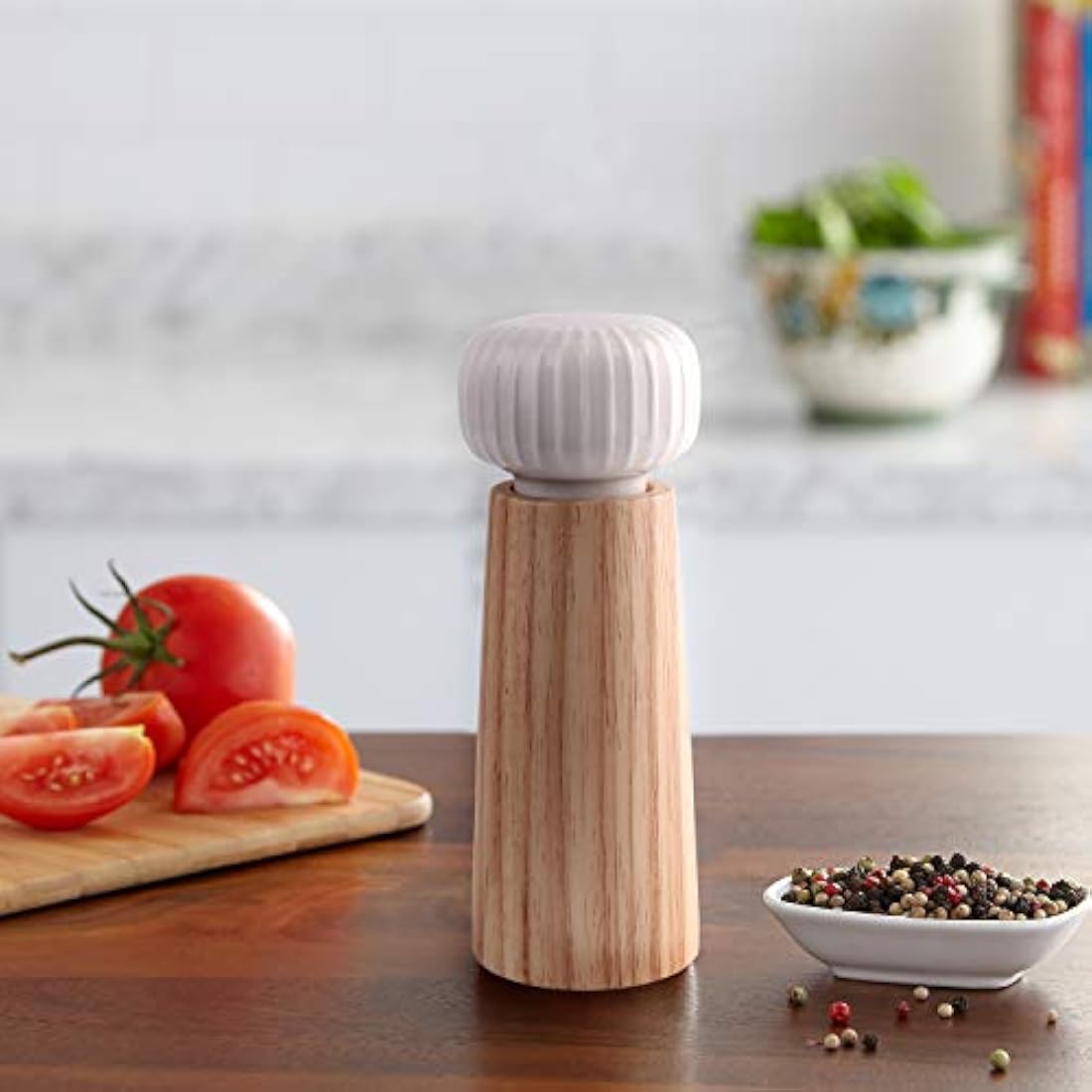 HAIPUSEN Wood and Ceramic Salt and Pepper Mill Set with Tray - 17.5cm