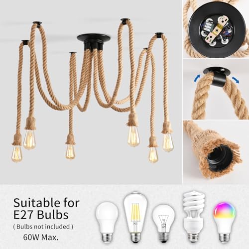 6-Head Industrial Spider Chandelier | Hemp Rope Pendant