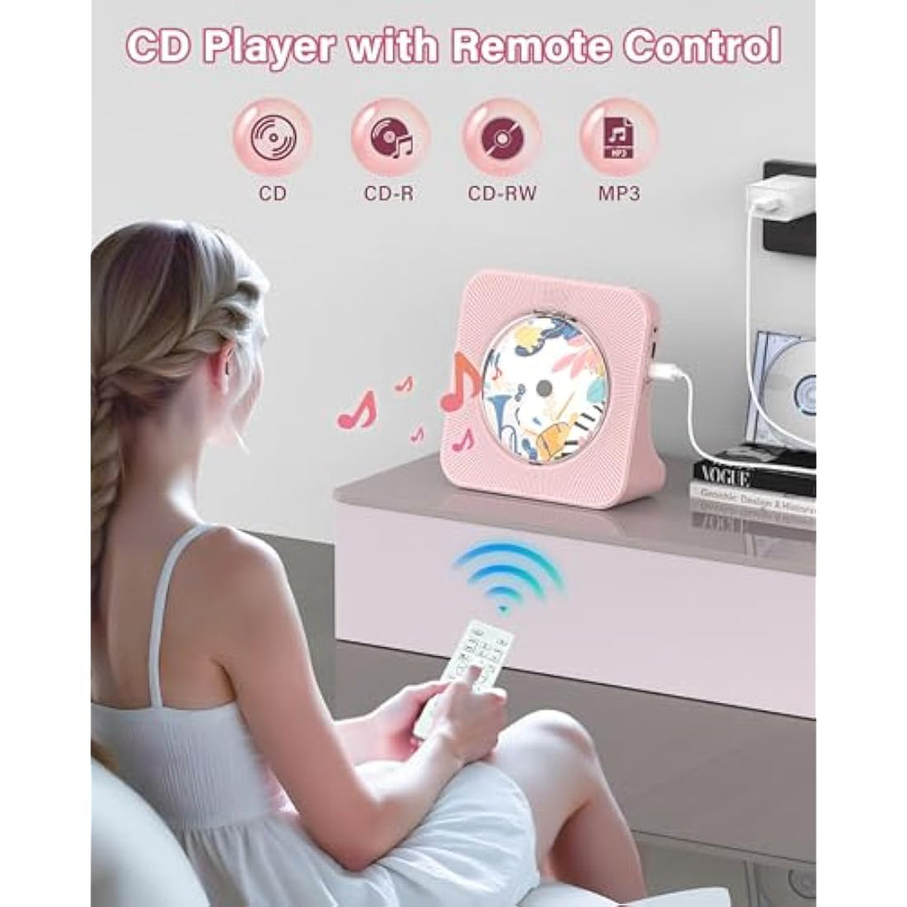Greadio Portable Desktop CD Player with Bluetooth 5.0 & HiFi Speakers – Pink