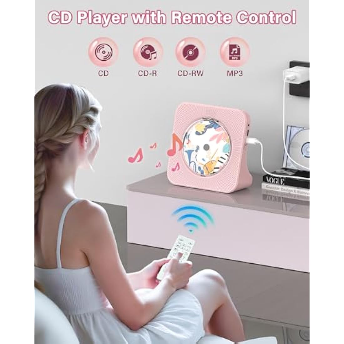 Greadio Portable Desktop CD Player with Bluetooth 5.0 & HiFi Speakers – Pink