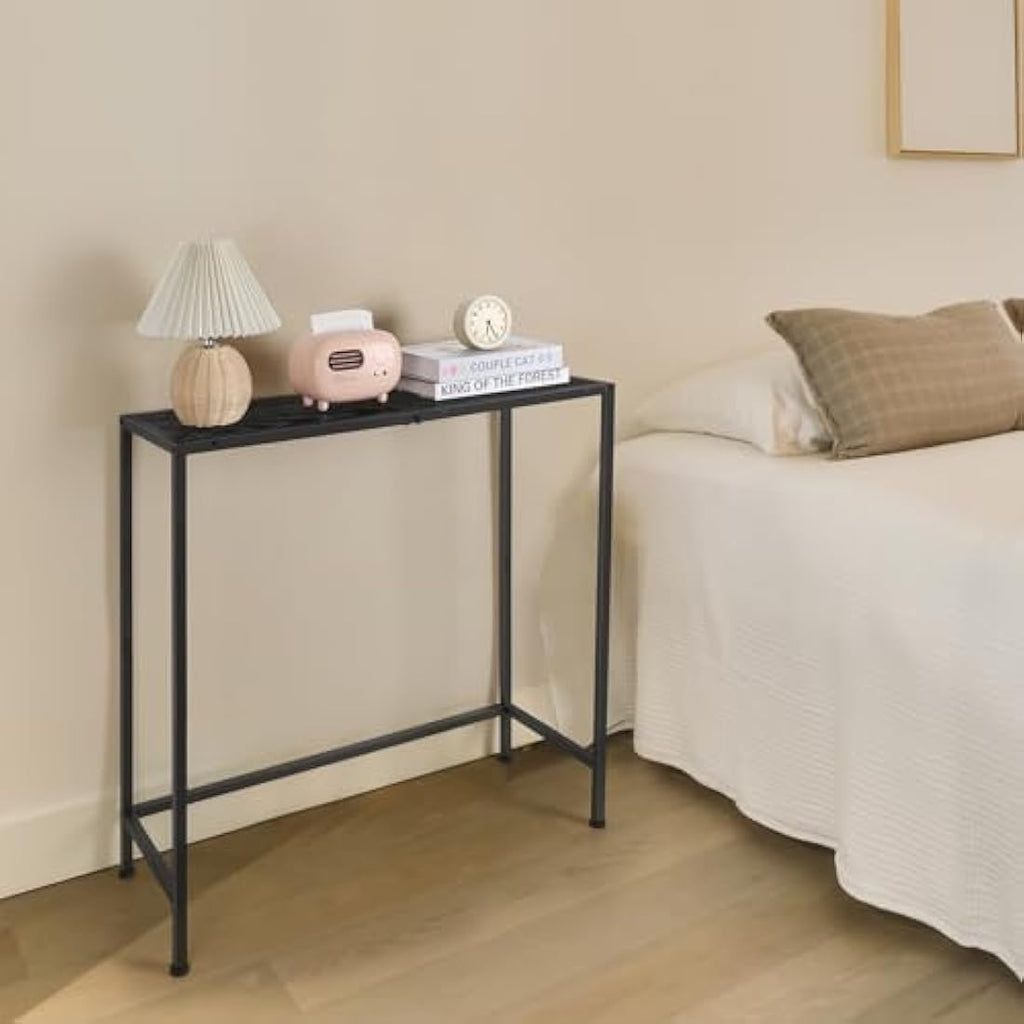 CADUKE Narrow Console Table | Modern Black Metal and Wood Sofa Table