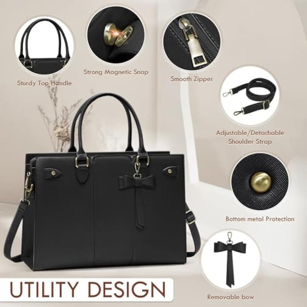RAINSMORE 15.6 Inch Laptop Bag for Women | PU Leather Work Tote – Black