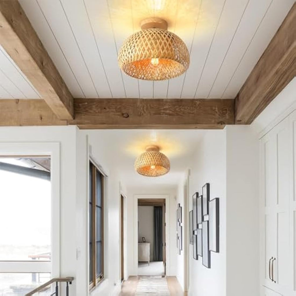 Schindora Rattan Ceiling Light – Handmade Boho Bamboo Flush Mount