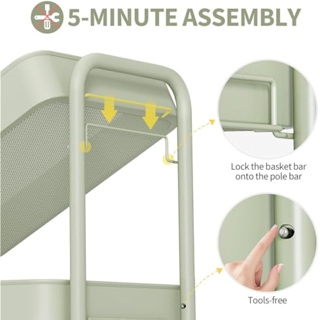 Urackify 3-Tier Rolling Utility Cart with Pegboard & Hooks - Green