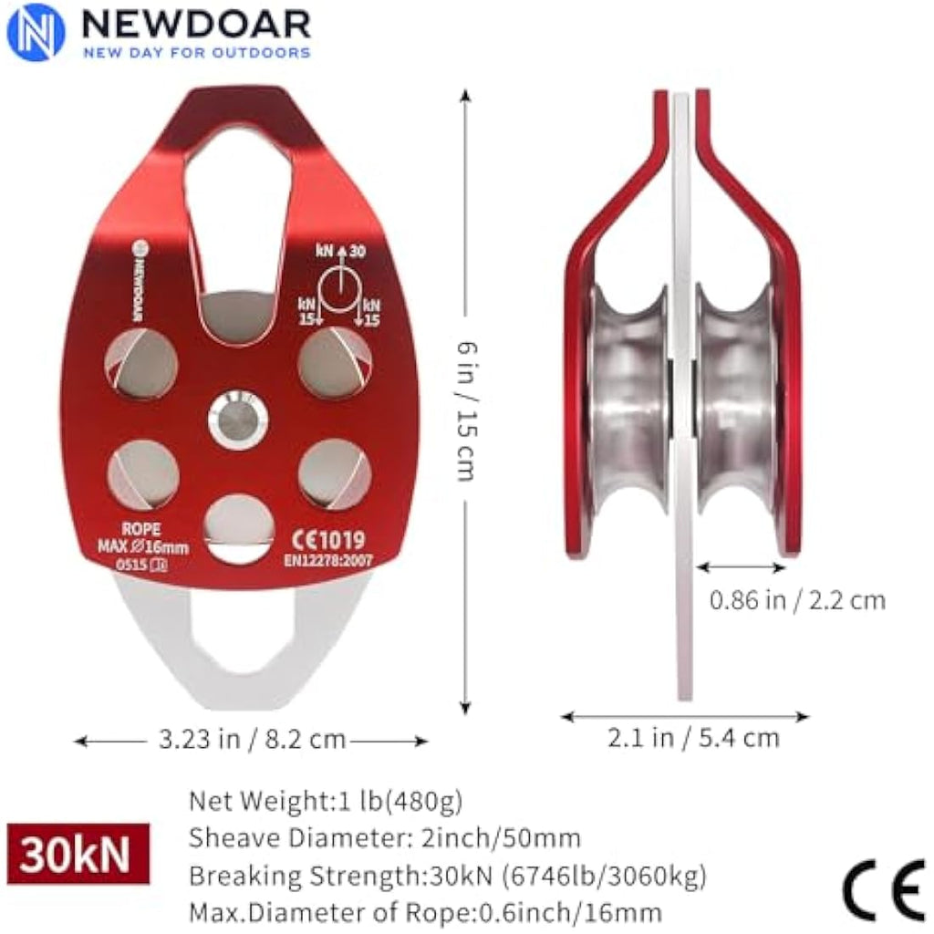 NewDoar 30KN Double Rescue Pulley | Large Sheave for 16mm Rope Hauling