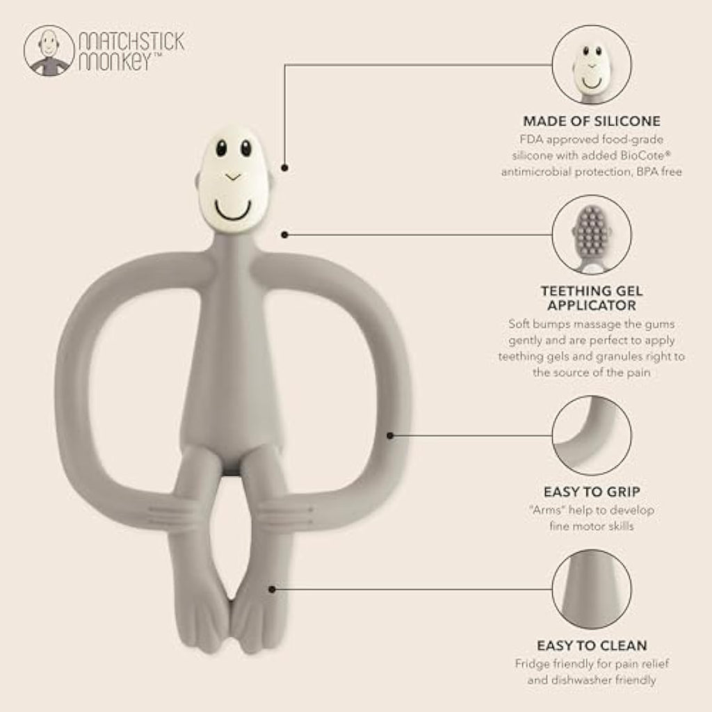 Matchstick Monkey Silicone Teether & Gel Applicator - Grey Monkey