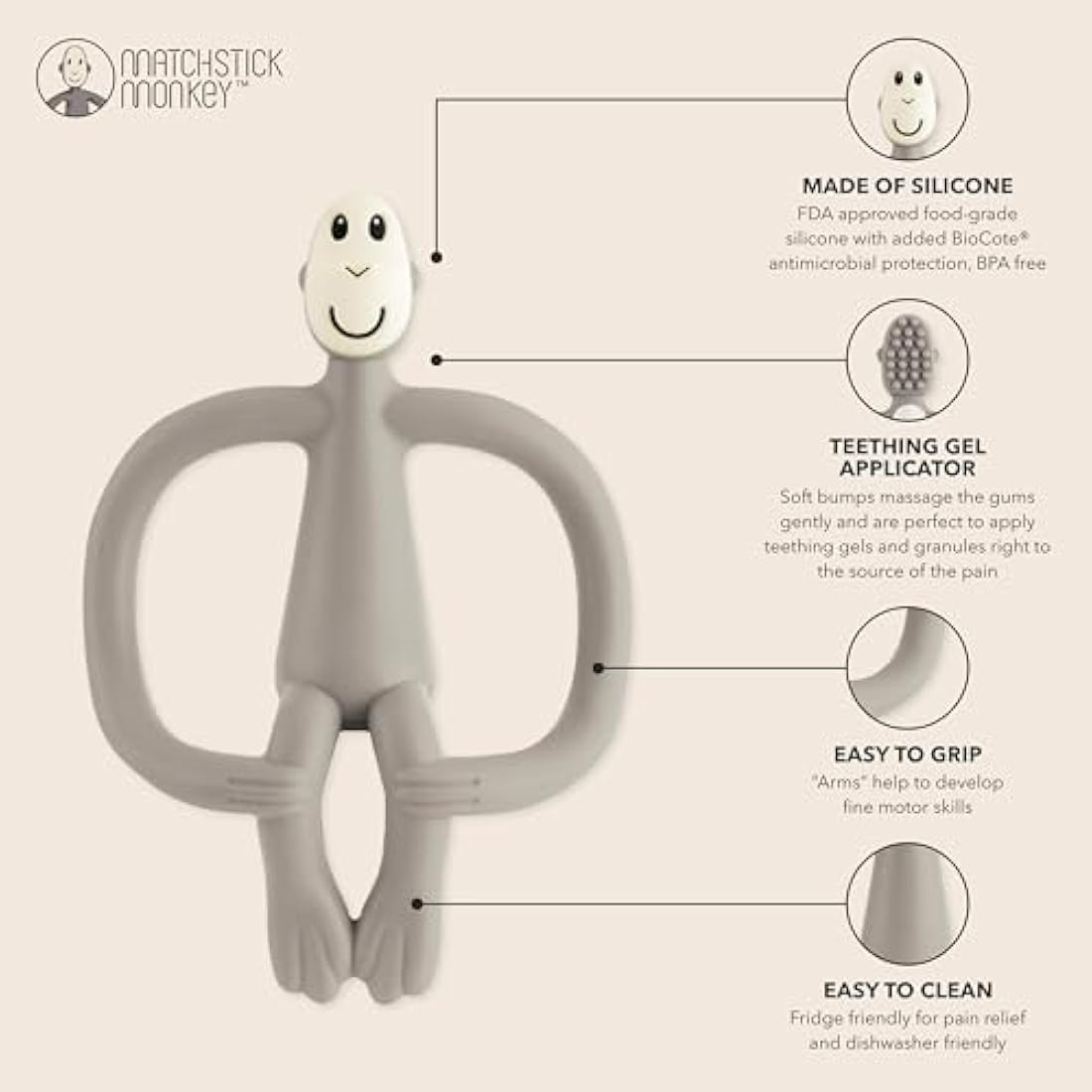 Matchstick Monkey Silicone Teether & Gel Applicator - Grey Monkey