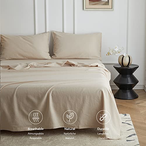 Simple&Opulence Linen Cotton Double Flat Sheet | Breathable Beige Bedding