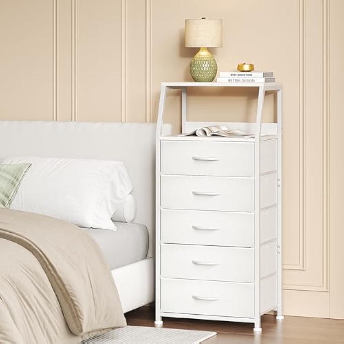 5-Drawer Fabric Dresser – Tall White Chest of Drawers