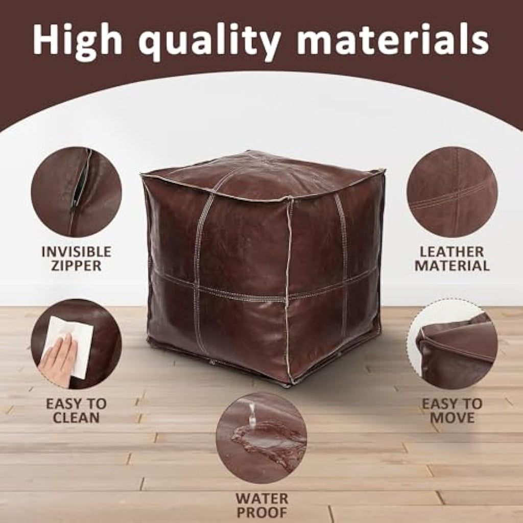 Louis Donne Square Faux Leather Pouf – Unstuffed Moroccan Ottoman, Brown