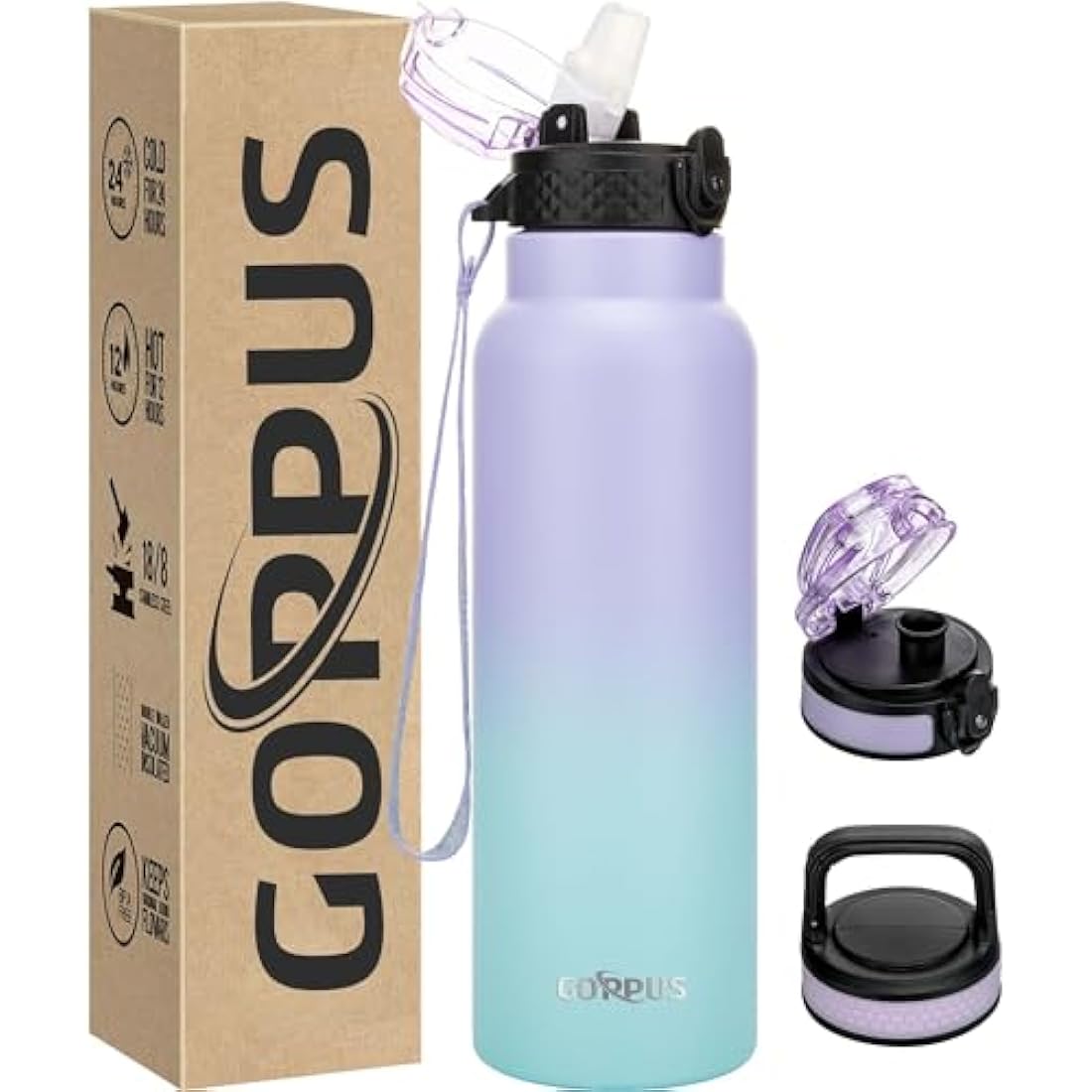GOPPUS 26oz Insulated Stainless Steel Water Bottle with Straw & Strap