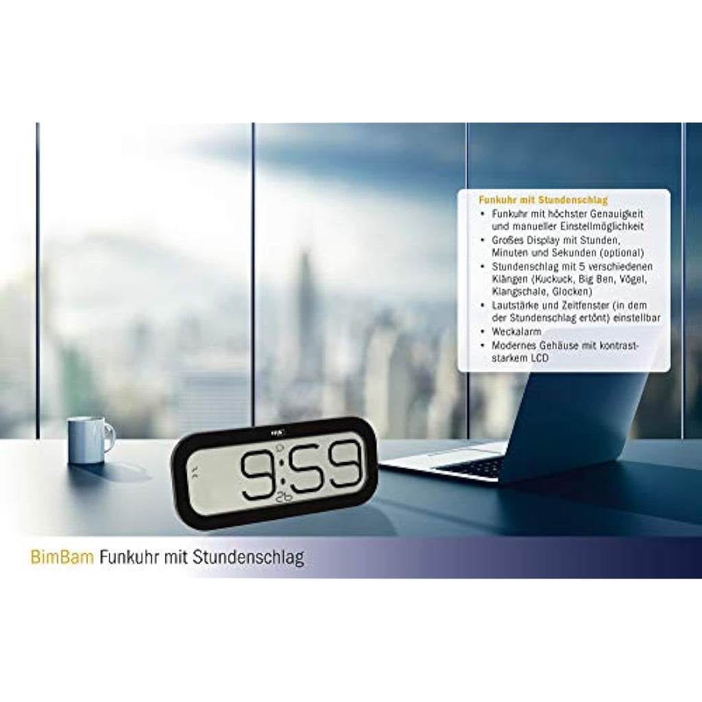 TFA Dostmann Radio Controlled Clock – 5 Alarm Sounds – Black 60.4514