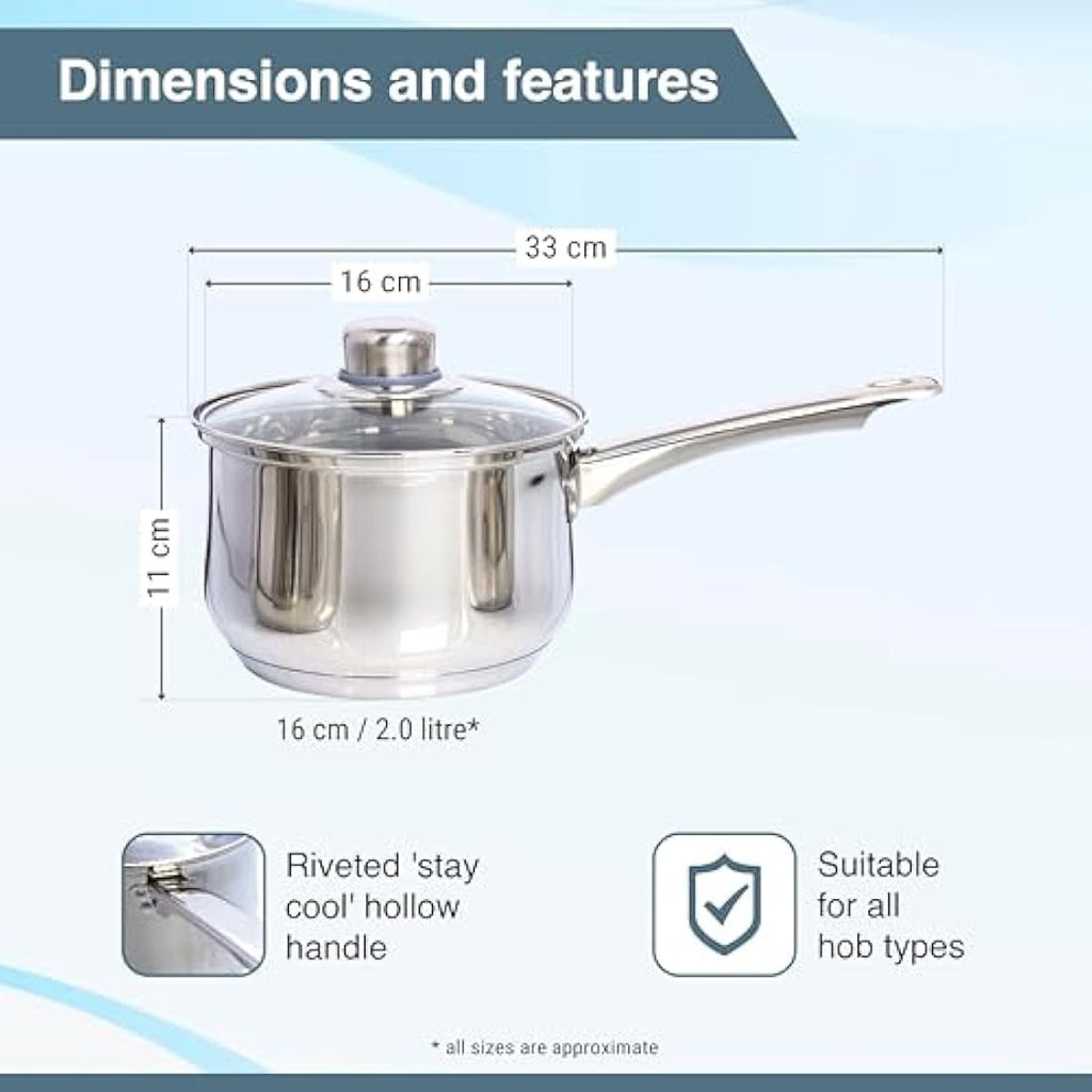 Buckingham Stainless Steel Saucepan with Glass Lid - Induction, 16cm