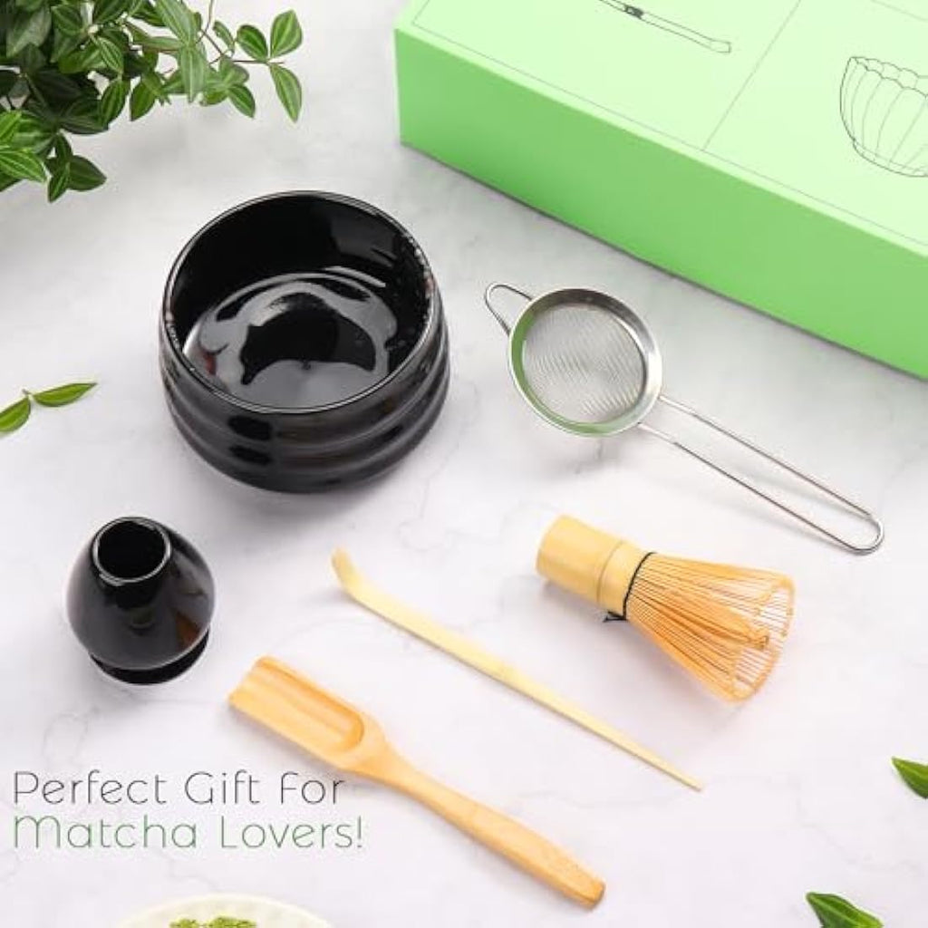 Geebuzz 6-Piece Matcha Whisk Set with Ceramic Bowl and Bamboo Whisk - Black