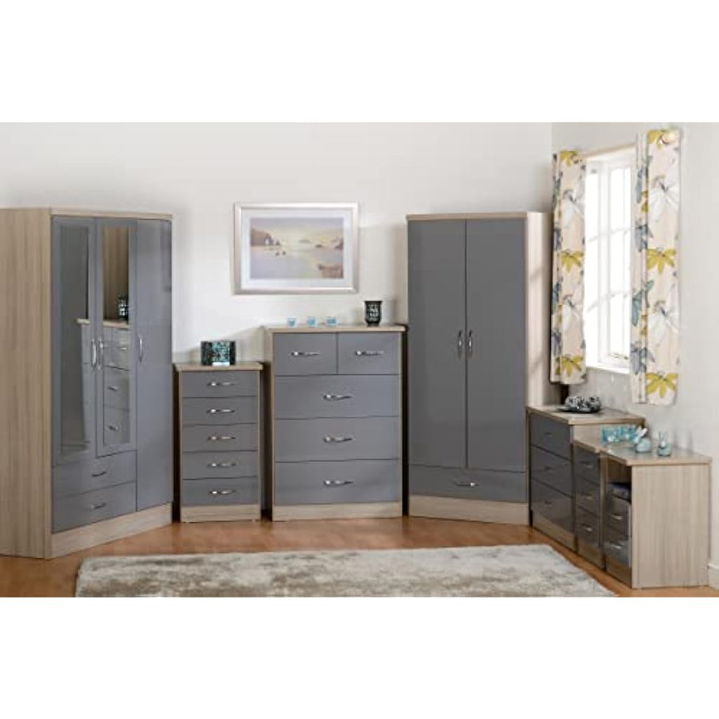 Seconique Nevada 3 Drawer Bedside Table – Grey Gloss & Light Oak