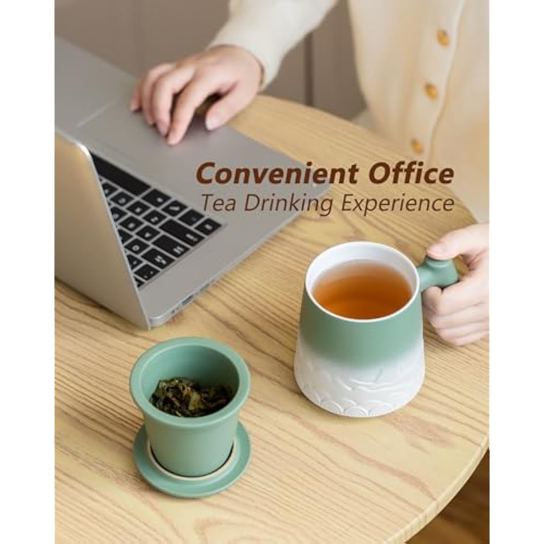 ZENS Ceramic Tea Infuser Mug with Wood Handle and Lid - 500ml Green
