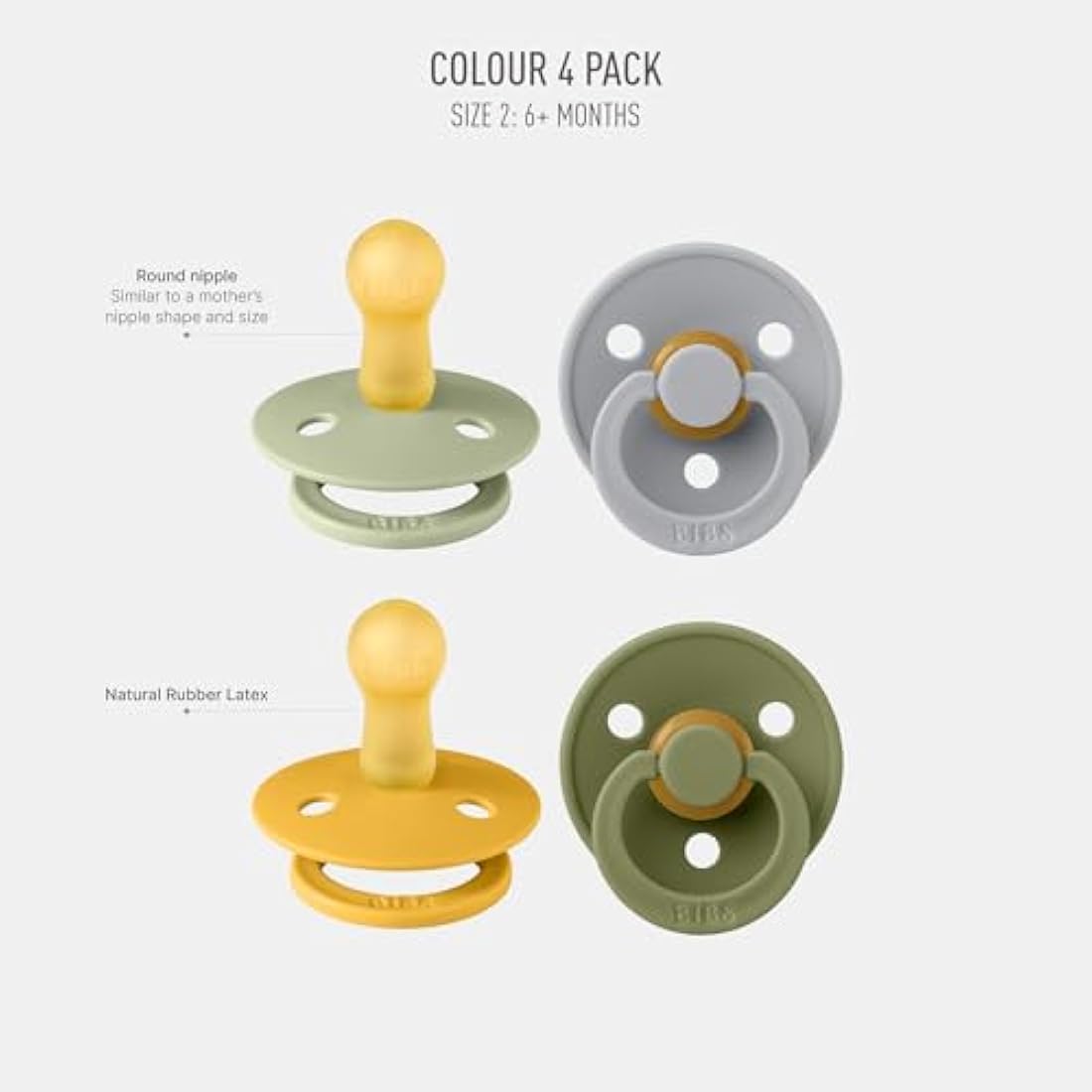 BIBS Colour Pacifier 4-Pack | Natural Rubber Latex Soothers, 6-18 Months