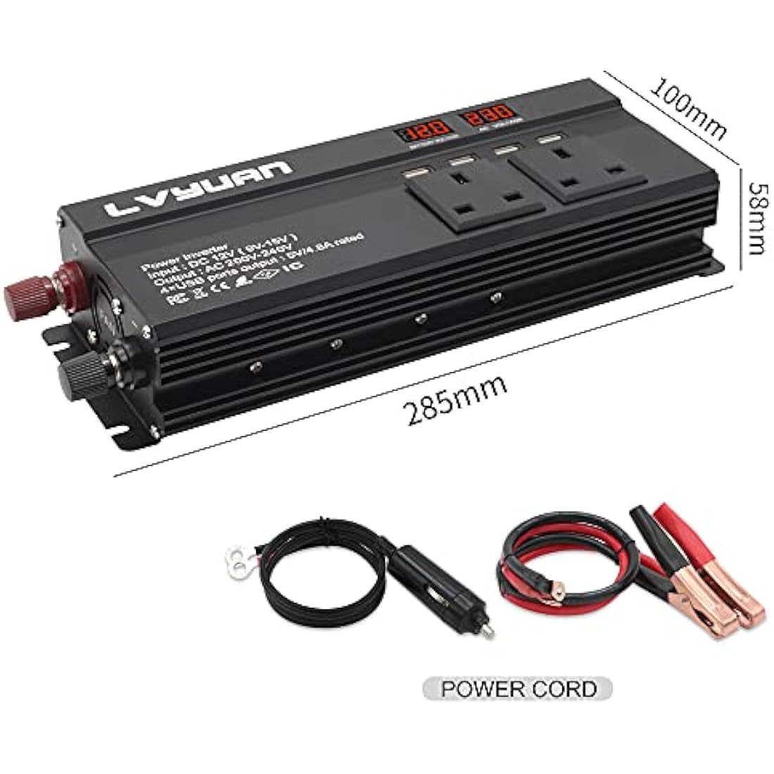 LVYUAN 1200W Power Inverter 12V to 240V AC | 3 UK Sockets & 4 USB Ports