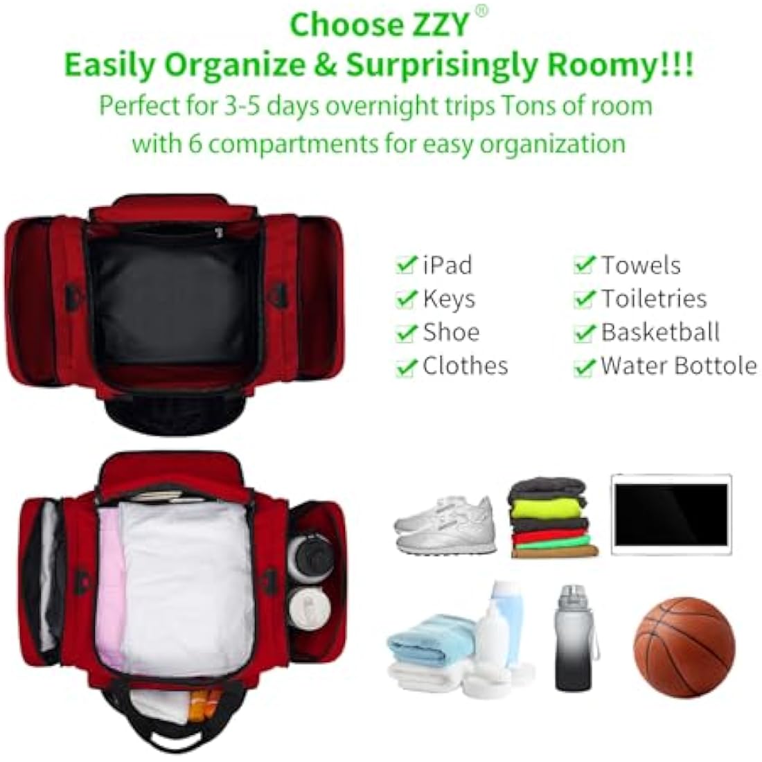 Sport Gym Duffle Bag | 40L Red Weekender Holdall