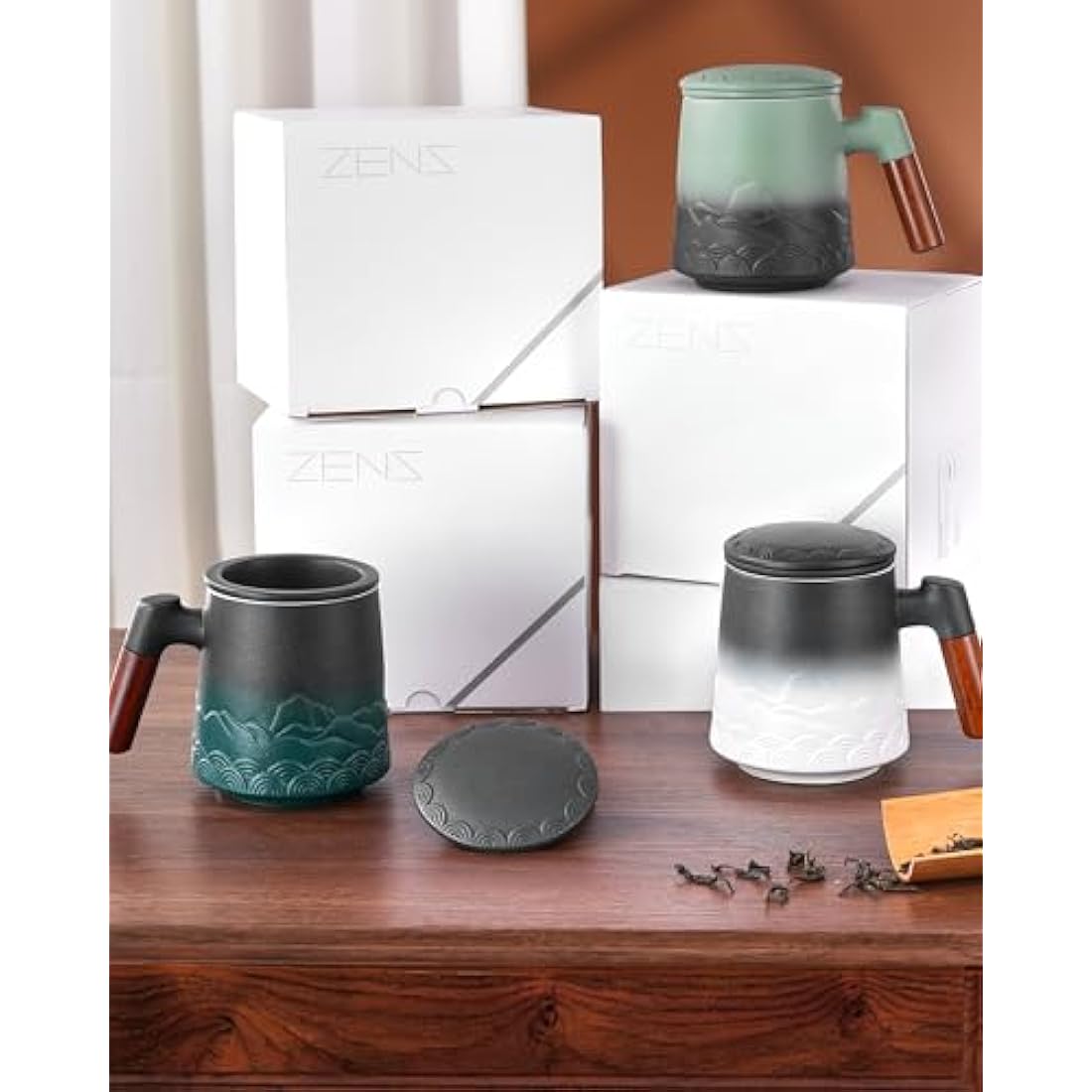 ZENS Ceramic Tea Infuser Mug with Rosewood Handle and Lid, 500ml – Green