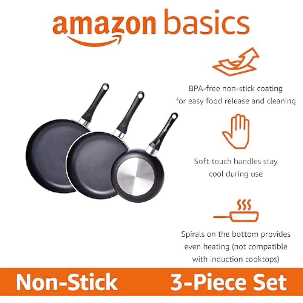 Non-Stick Frying Pan Set – 3-Piece Aluminum Cookware, Black