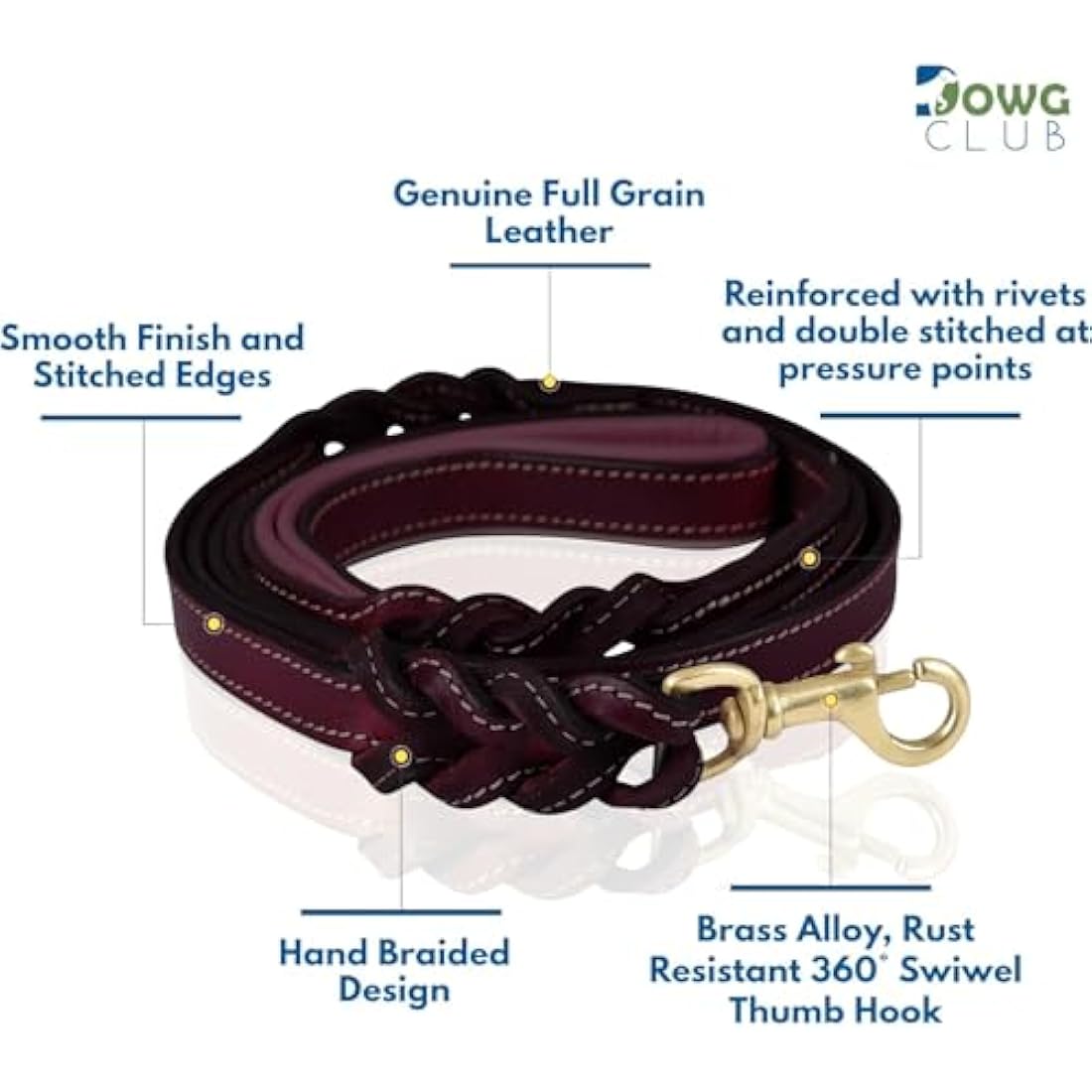 DowgClub Leather Dog Leash | 6ft Braided Heavy Duty Dual Handle Lead – Cherry