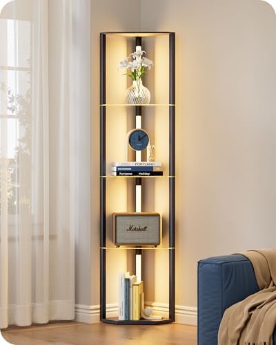 EDISHINE LED Floor Lamp with 4-Tier Glass Shelves | Dimmable Wood Light