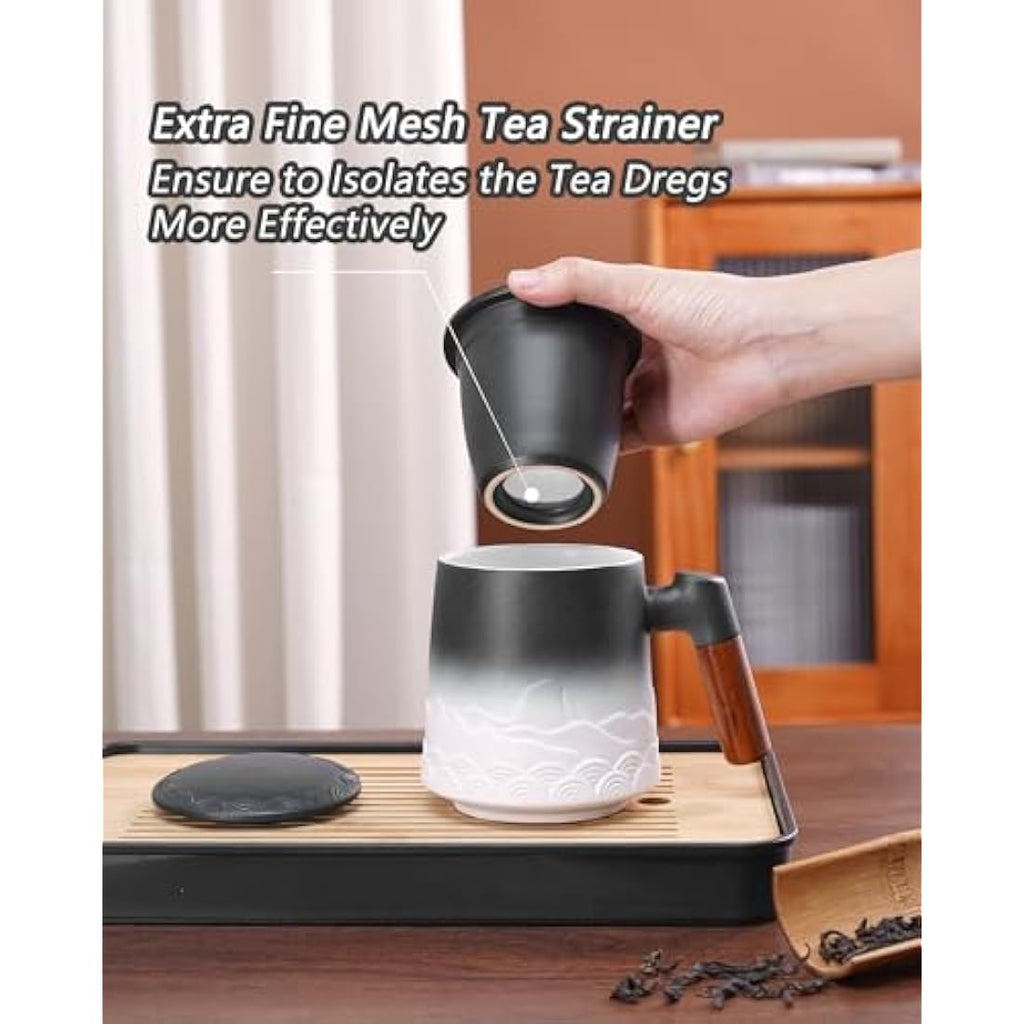 ZENS Ceramic Tea Infuser Mug with Wood Handle and Lid, 500ml - Black