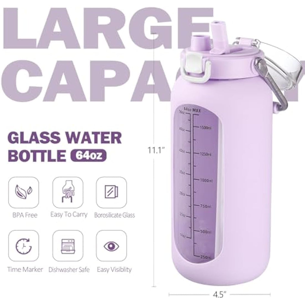 BLUEGO 2L Borosilicate Glass Water Bottle with Time Marker & Straw – Purple