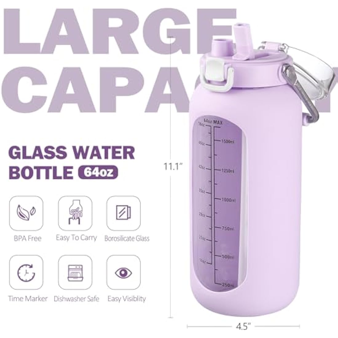 BLUEGO 2L Borosilicate Glass Water Bottle with Time Marker & Straw – Purple