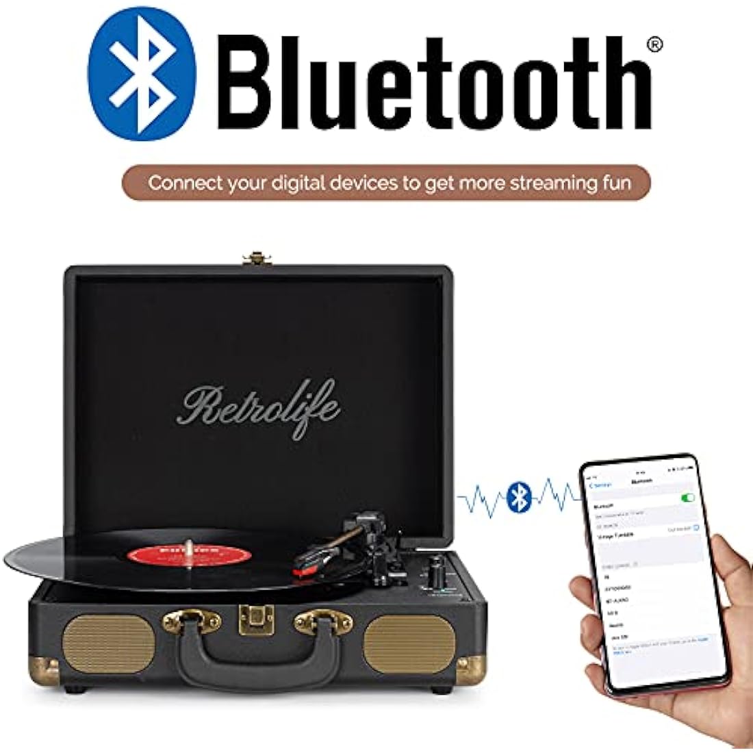 Retrolife Portable Suitcase Record Player – 3-Speed Bluetooth Turntable