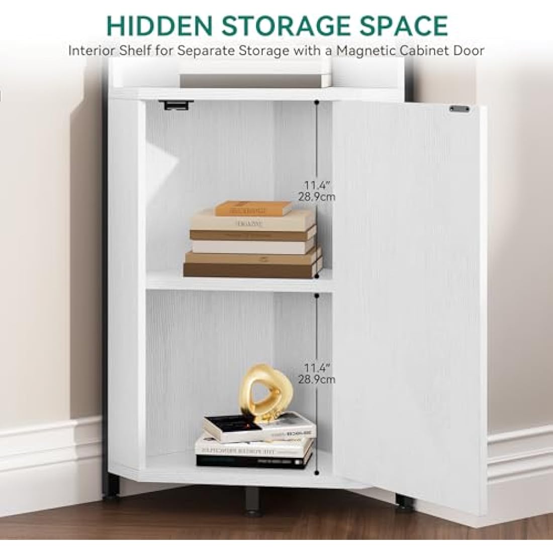 YITAHOME 4-Tier Corner Bookshelf with Cabinet – Industrial White Wood