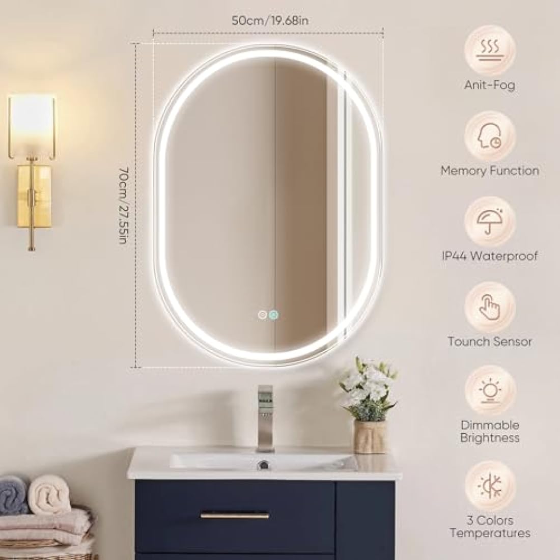 SenDeluz Oval LED Bathroom Mirror | Dimmable Backlit Vanity with Demister