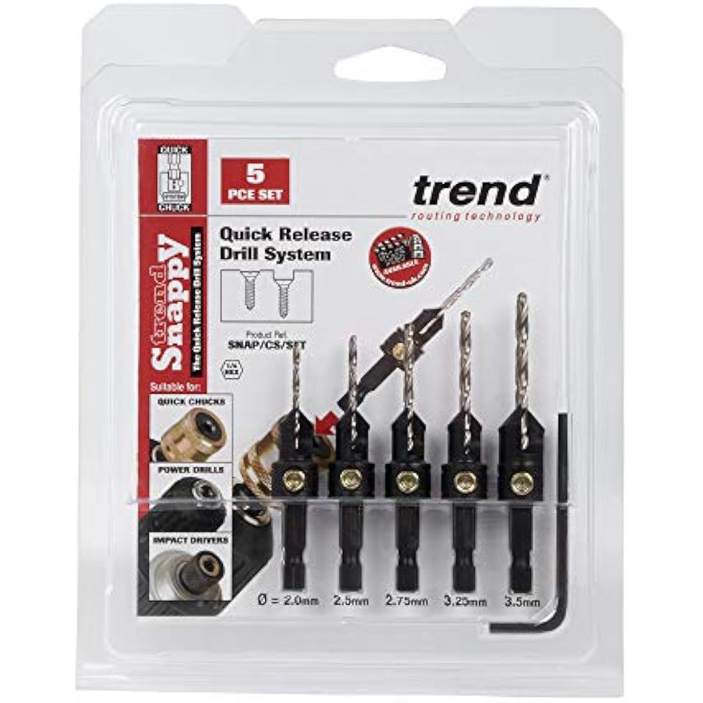Trend 5-Piece Countersink & Drill Set for No4-No12 Screws | Quick Release