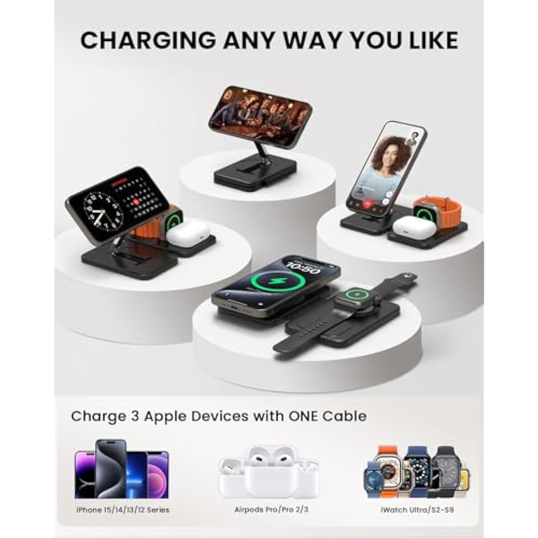 GEEKERA 3-in-1 Magnetic Wireless Charging Station for iPhone & Apple Watch