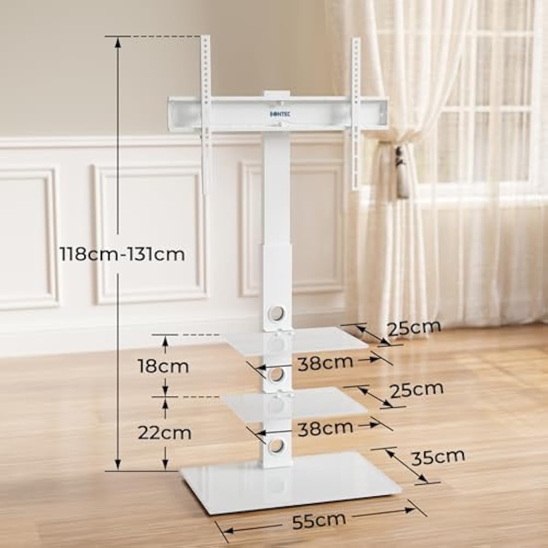 BONTEC Universal Floor TV Stand | 30-70 inch | 3-Tier Glass Shelves (White)