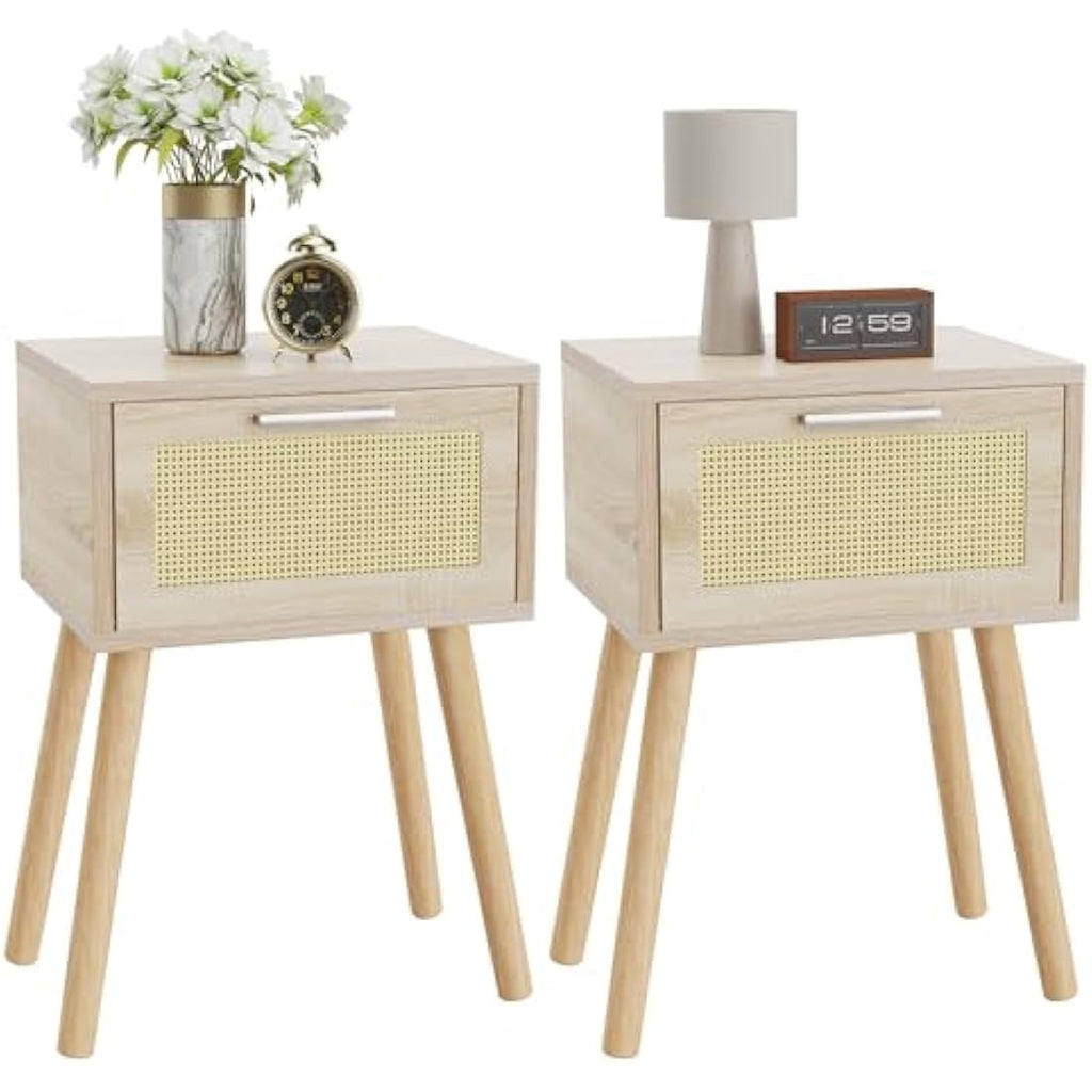 YMYNY Rattan Nightstand Set of 2 - Modern Wood Bedside Table with Drawer