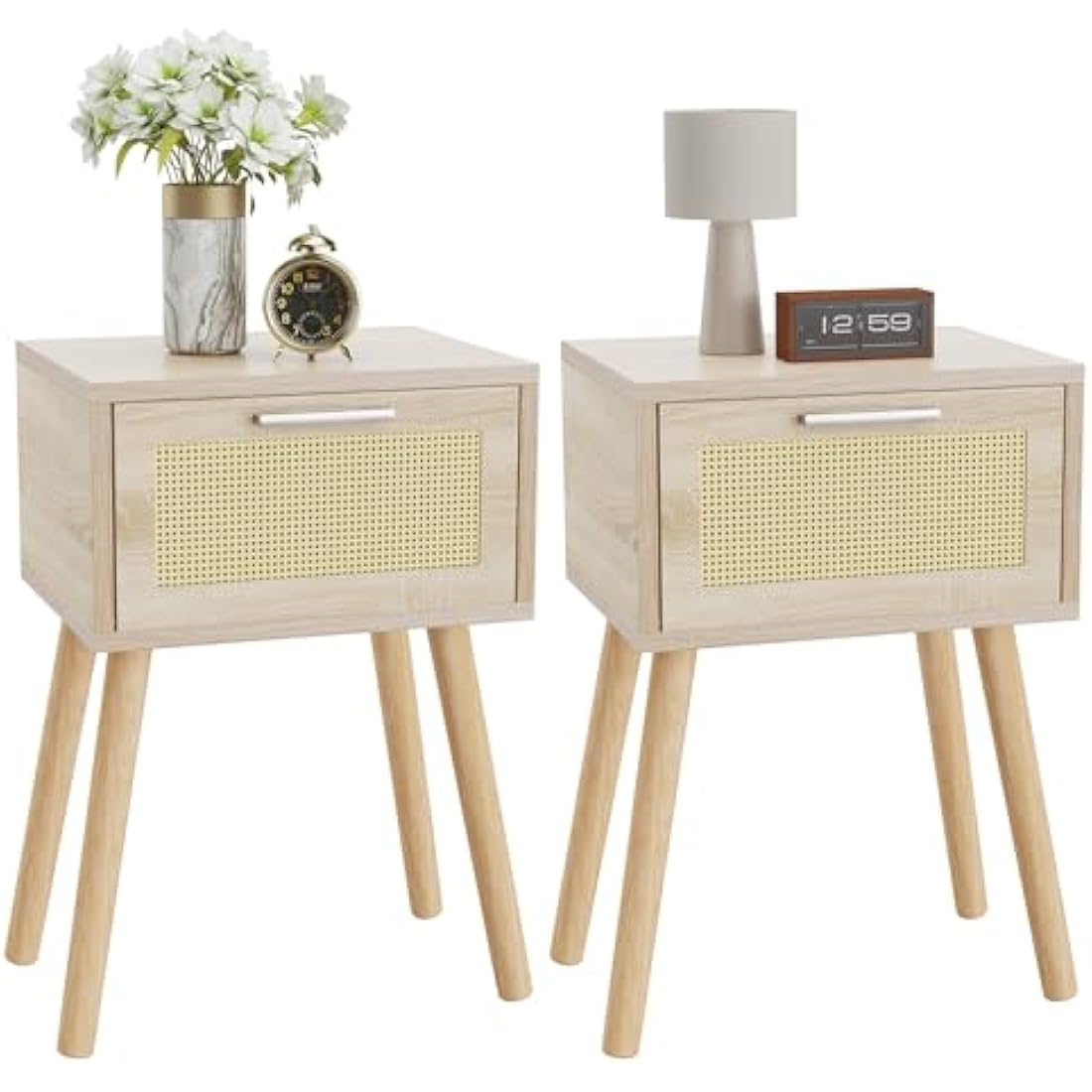 YMYNY Rattan Nightstand Set of 2 - Modern Wood Bedside Table with Drawer